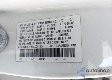 2010 Acura Tsx 2.4 z USA, uszkodzony, nr VIN JH4CU2F6XAC043574